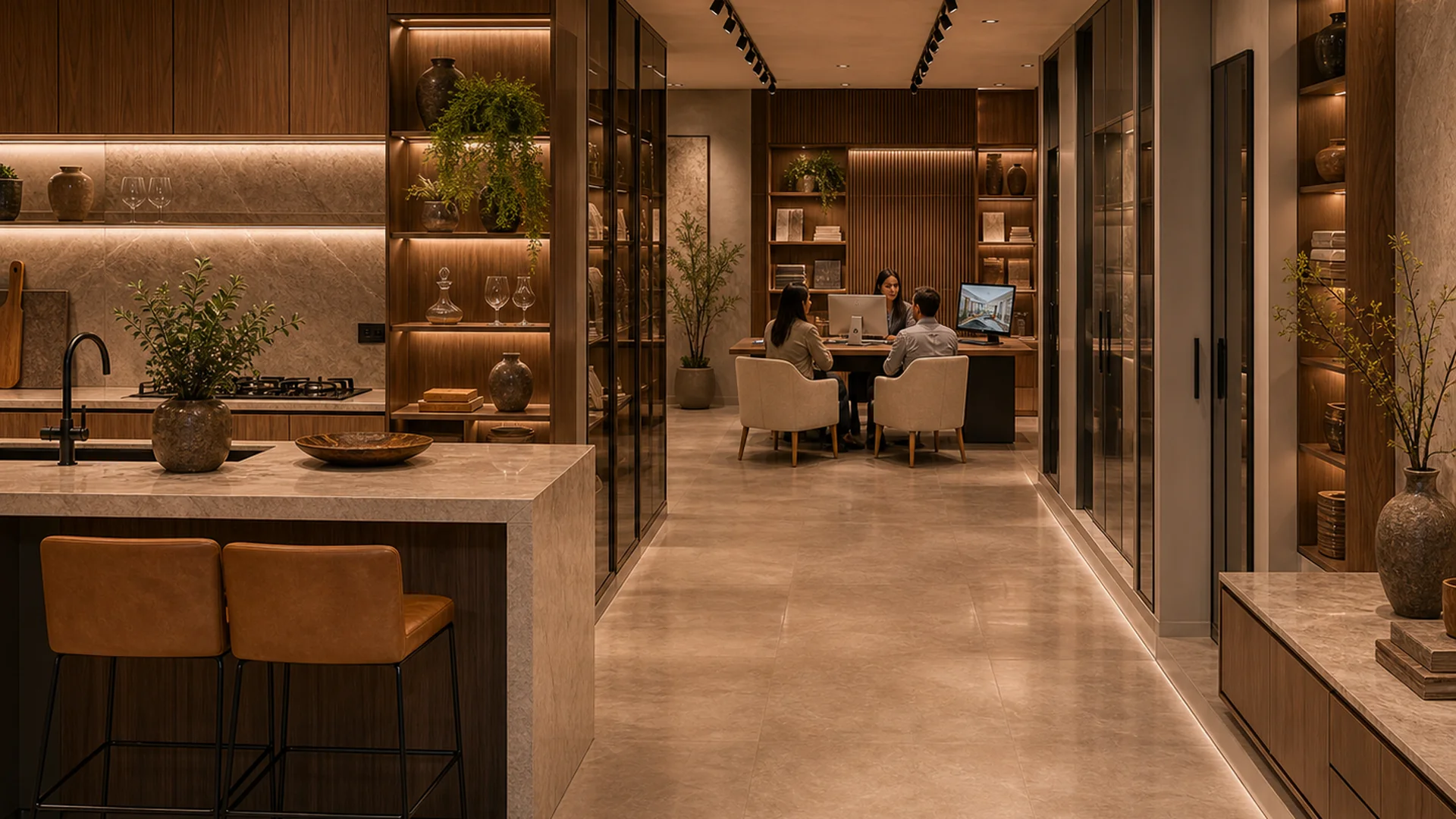 Showroom premium com materiais naturais e atmosfera acolhedora